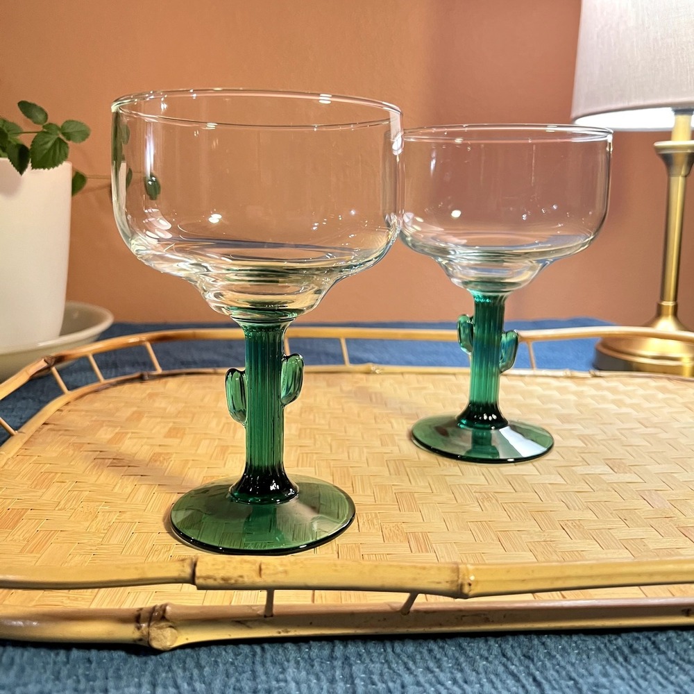 Set of 2 Green Cactus Stem Margarita Cocktail‎ Glasses Barware Drinkware